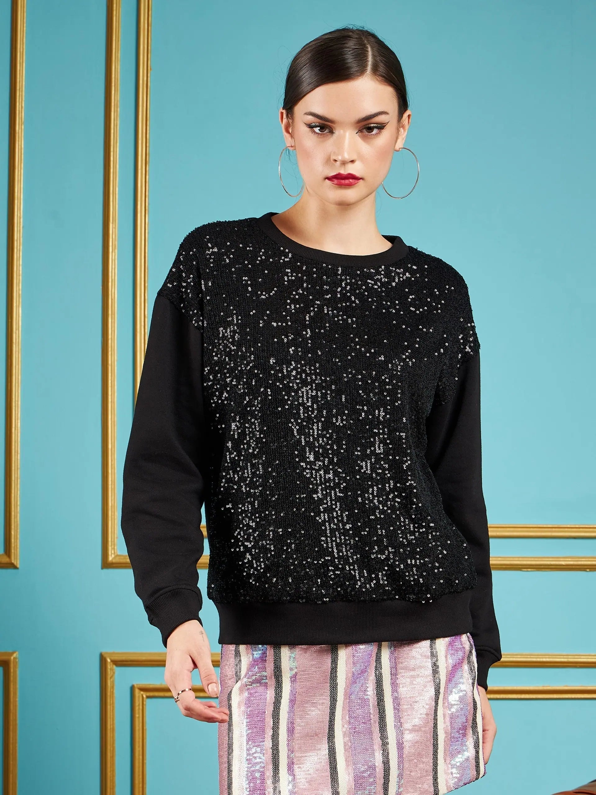 Women Black Sequin Oversized Sweatshirt Hoodie with Strings Custom Fit Adjustable