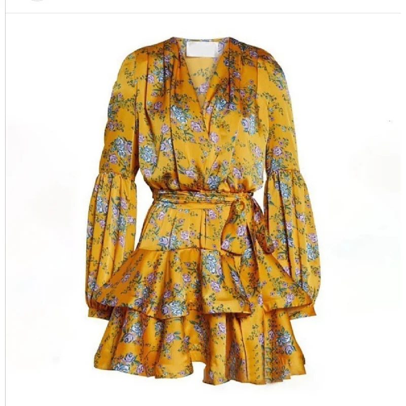 V-Neck Print Puff Sleeve Mini Dress  Trendy Tie-Dye Mini Dress