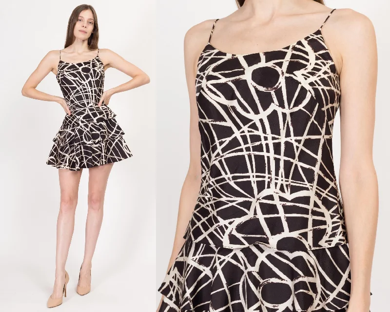 XS 60s Squiggle Print Tiered Mini Party Dress Tunics Polka dots