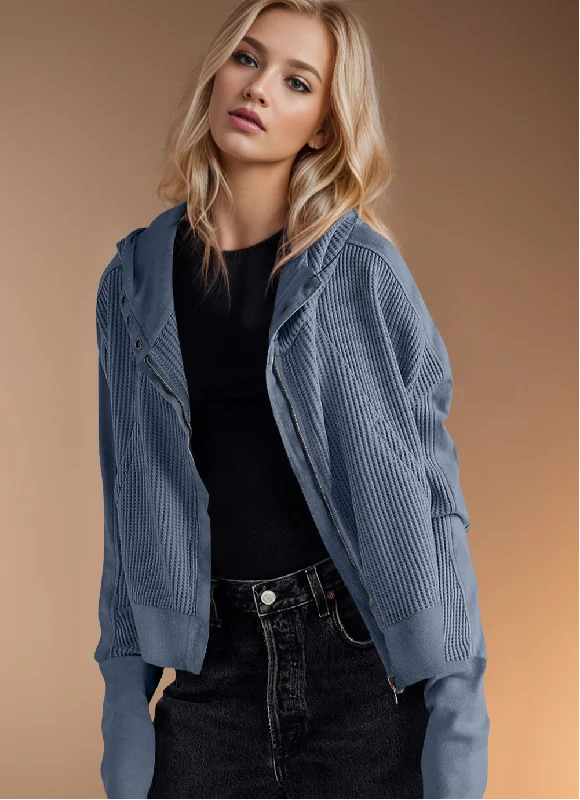 Ladies Waffle-Knit Zip Up Hoodie Hoodie with Hem Raw Edge Edgy Unfinished