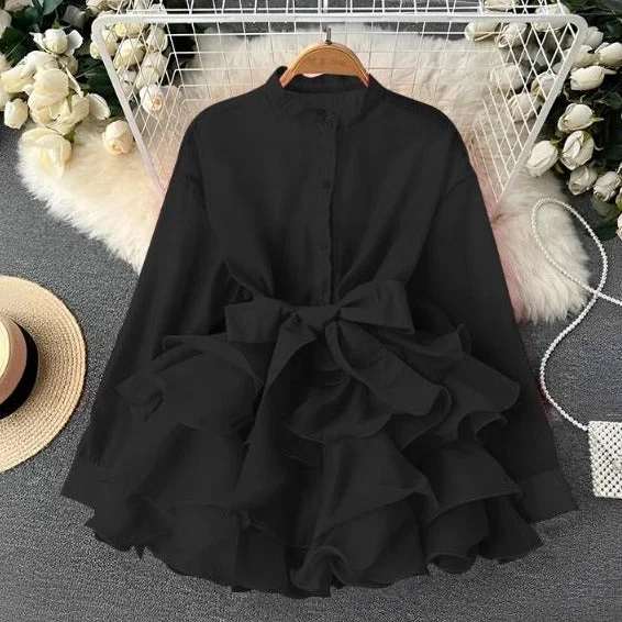 Ruffled Buttoned Mini Dress Comfortable Off-Shoulder Mini Dress