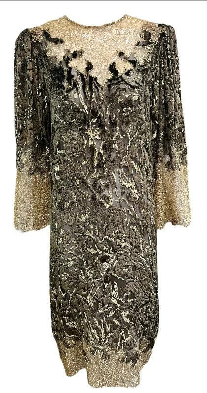 80s Oscar de la Renta Brown Cut Velvet with Gold Lace Tunic Dress Turtleneck Neckline Stylish 80s Oscar de la Renta Brown Cut Velvet with Gold Lace Tunic Dress Turtleneck Neckline Stylish