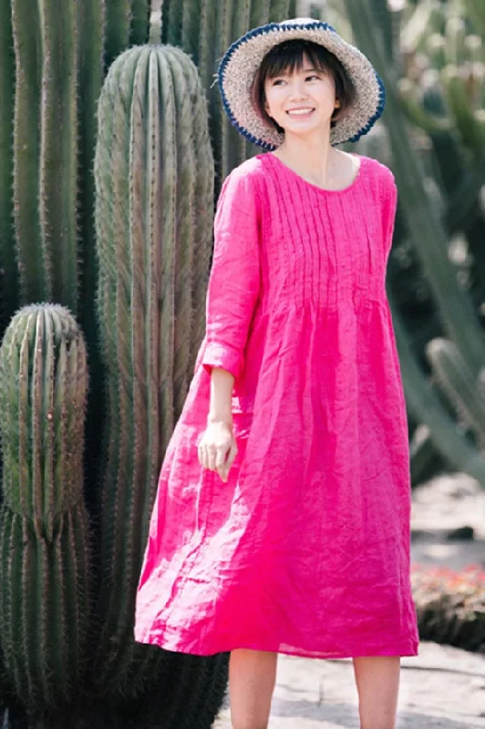 Retro linen dress with round neck and short sleeves CYM464 Tunics Stylish elegant