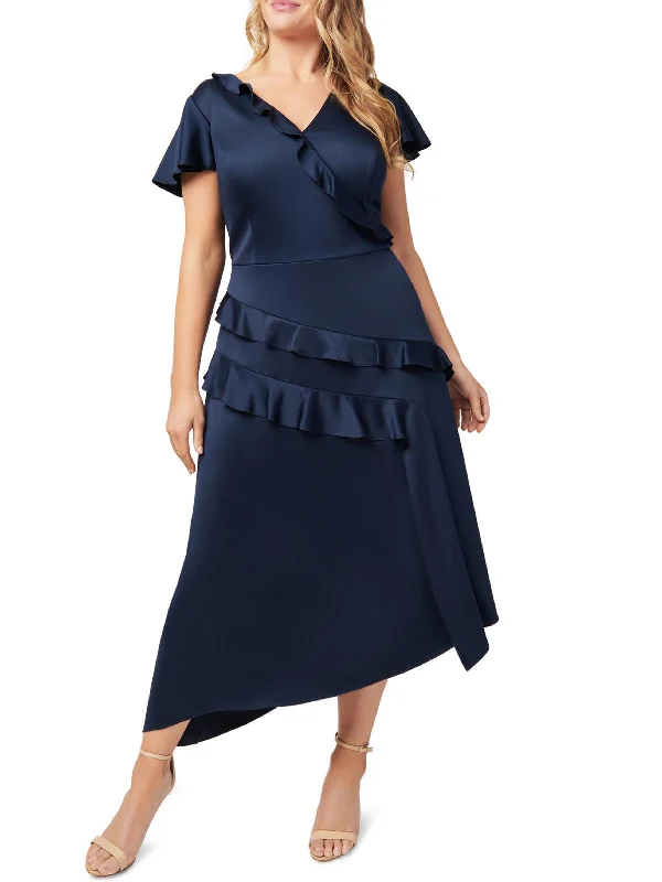 Plus Womens Satin Ruffled Cocktail and Party Dress Square Neckline Feminine