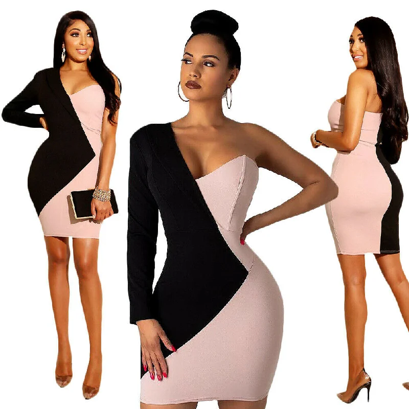 Retro Tunic OL Women Sexy One Shoulder Long Sleeve V Neck Patchwork Evening Party Short Mini Dress Cozy Cowl Neck Mini Dress