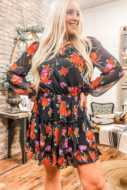 Black Floral Tiered Mini Dress with Sheer Sleeve Comfortable Fit-and-Flare Mini Dress
