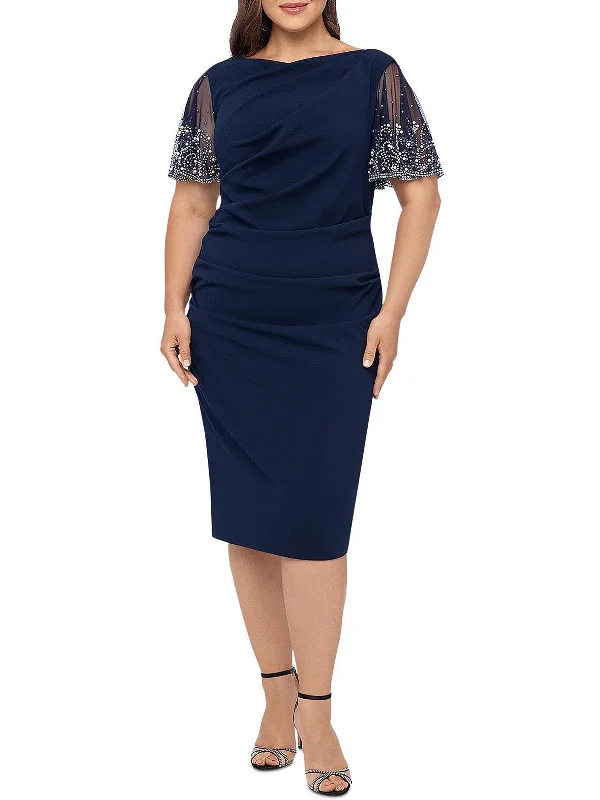 Plus Womens Beaded Midi Cocktail and Party Dress Pencil Length Work