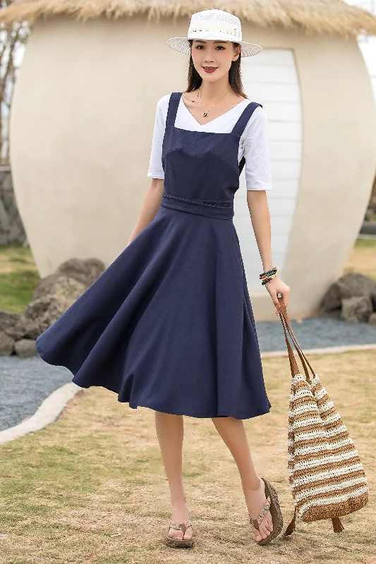 Navy pinafore fit and flare linen dress 2739 Tunics Top rated