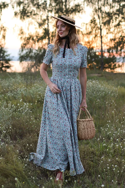 Modest Linen Green Floral Cottagecore Custom Made Dress 3048 Tunics Long Elegant