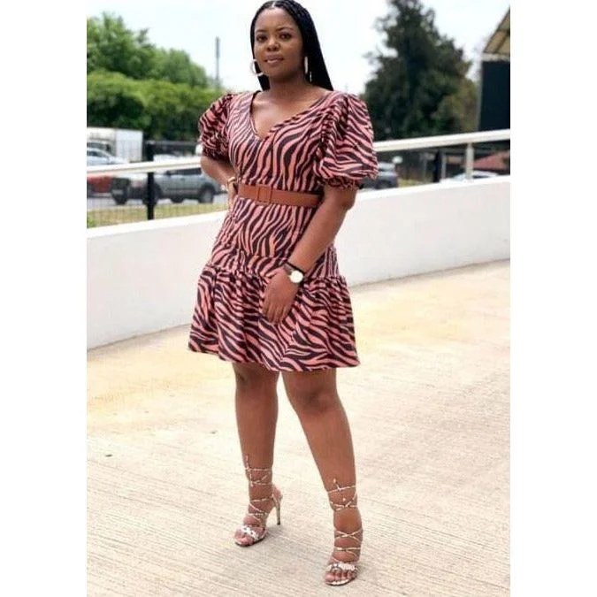 Irregular Lines Printed Mini Dress Comfortable Off-Shoulder Mini Dress