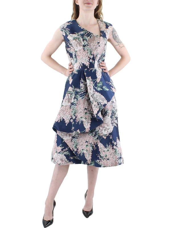 Veronica Womens Jacquard Floral Cocktail and Party Dress Cowl Neckline Elegant
