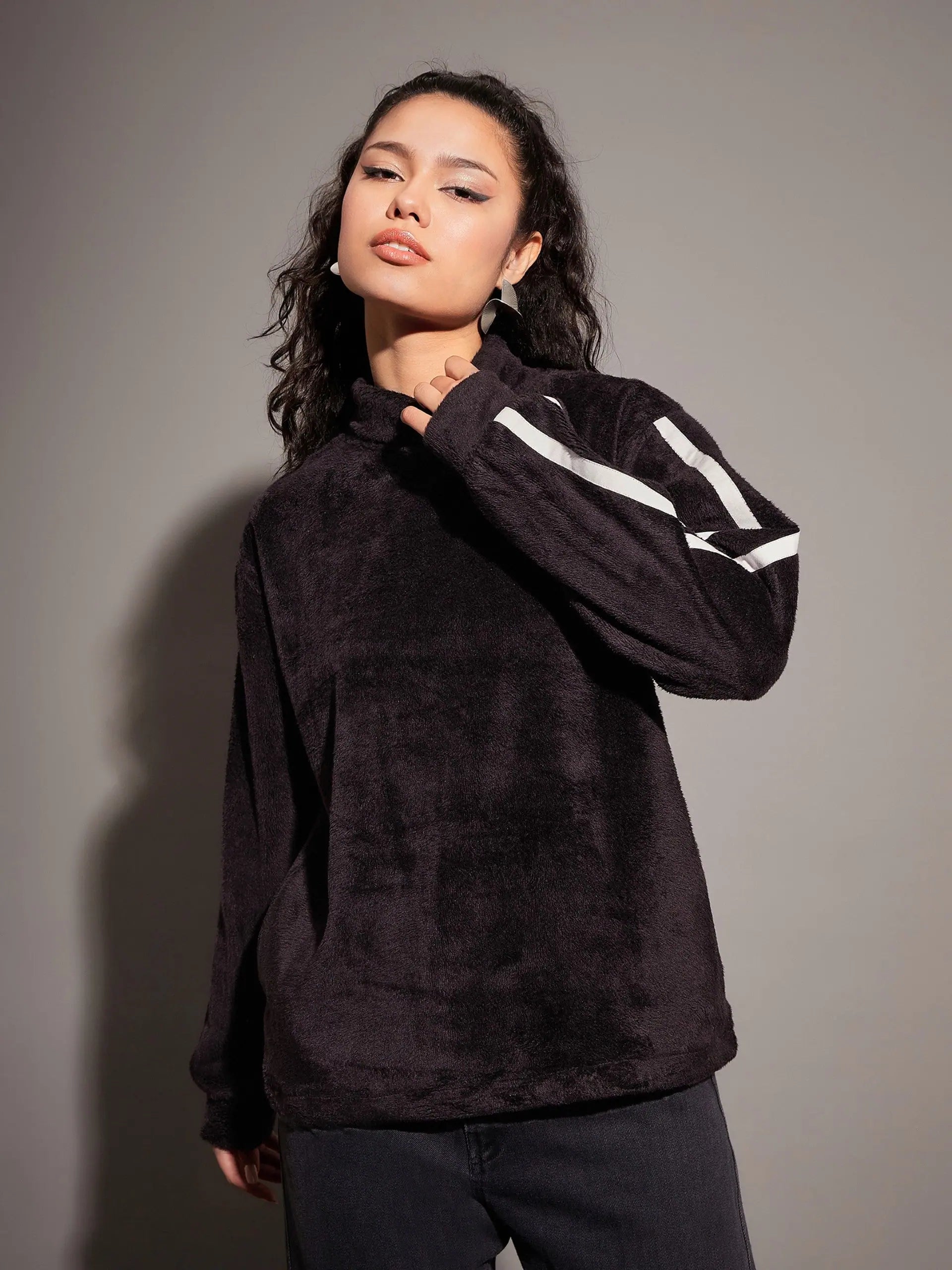 Women Black Fur Contrast Tape High Neck Sweatshirt Hoodie Dress Longline Feminine