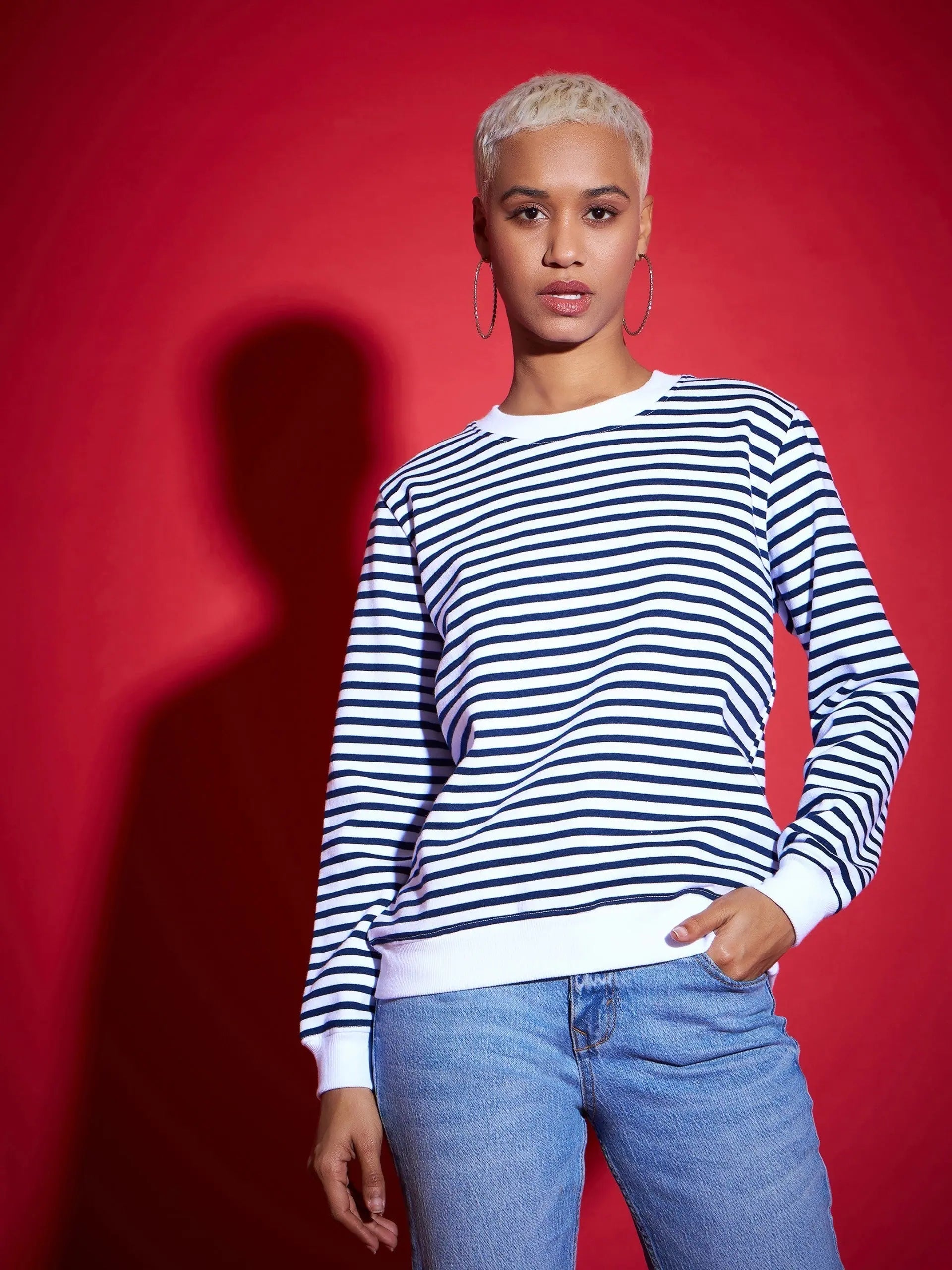 Women Navy & White Striped Fleece Sweatshirt Hoodie with Button Placket Classic Preppy Women Navy & White Striped Fleece Sweatshirt Hoodie with Button Placket Classic Preppy