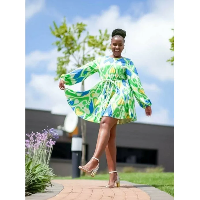 Bowknot Round  Neck Lantern Sleeve Mini Dress Comfortable Zip-Up Mini Dress