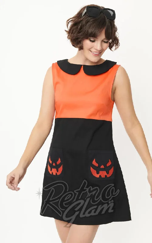 Smak Parlour Black & Orange Pumpkin Power Mini Dress - 2XL left only Trendy Mini Dress with Belt
