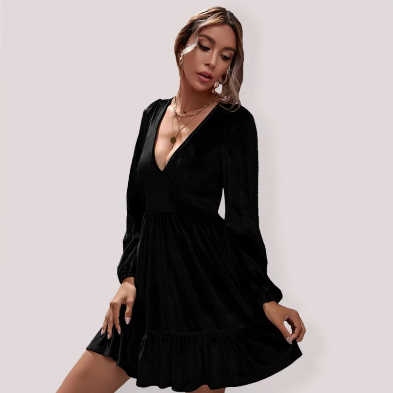 Golden velvet deep V-neck bubble sleeve velvet ruffle dress Tunics Sophisticated sleek Golden velvet deep V-neck bubble sleeve velvet ruffle dress Tunics Sophisticated sleek