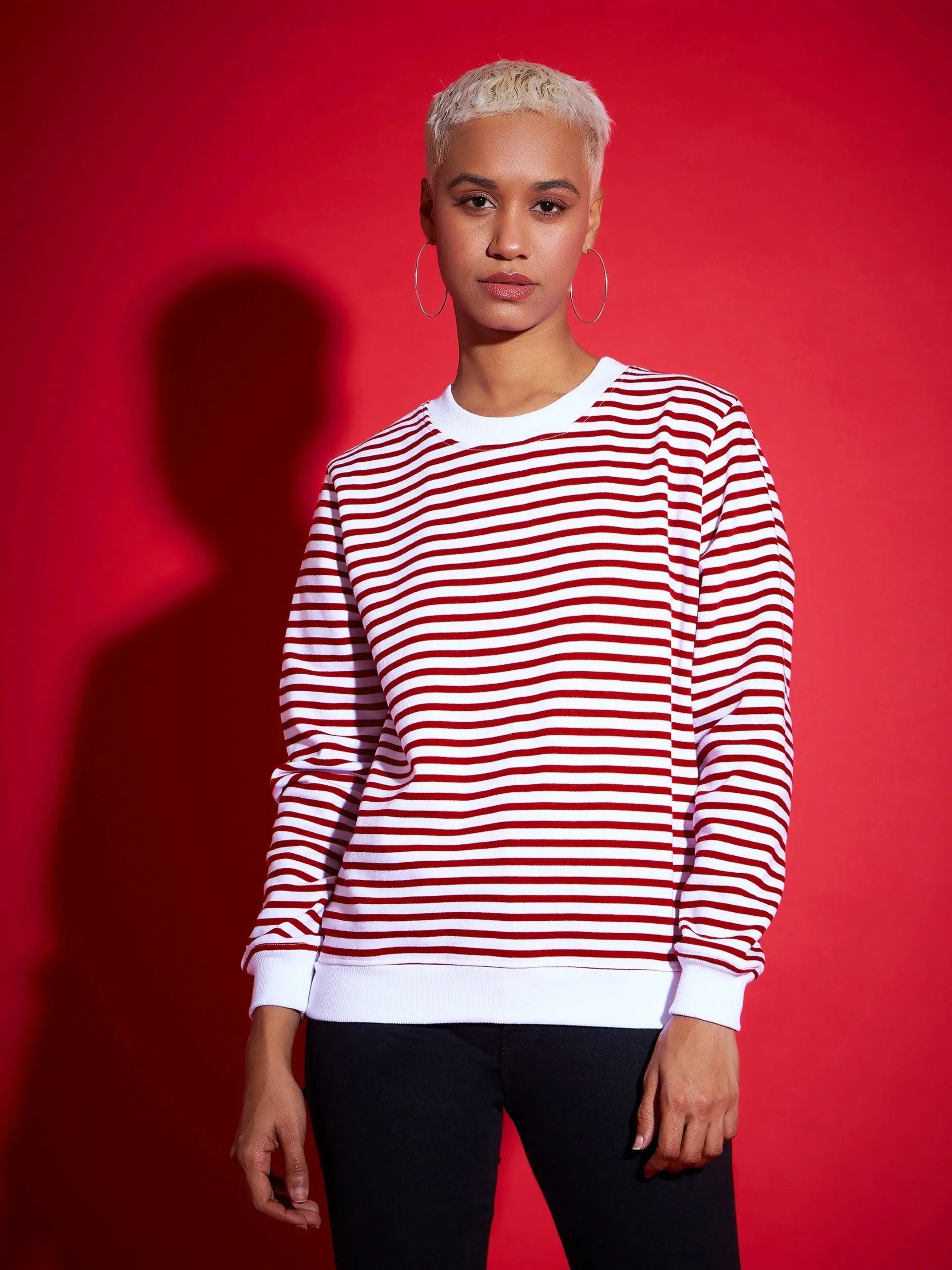 Women Red & White Striped Fleece Sweatshirt Hoodie with Zipper Placket Modern Functional Women Red & White Striped Fleece Sweatshirt Hoodie with Zipper Placket Modern Functional
