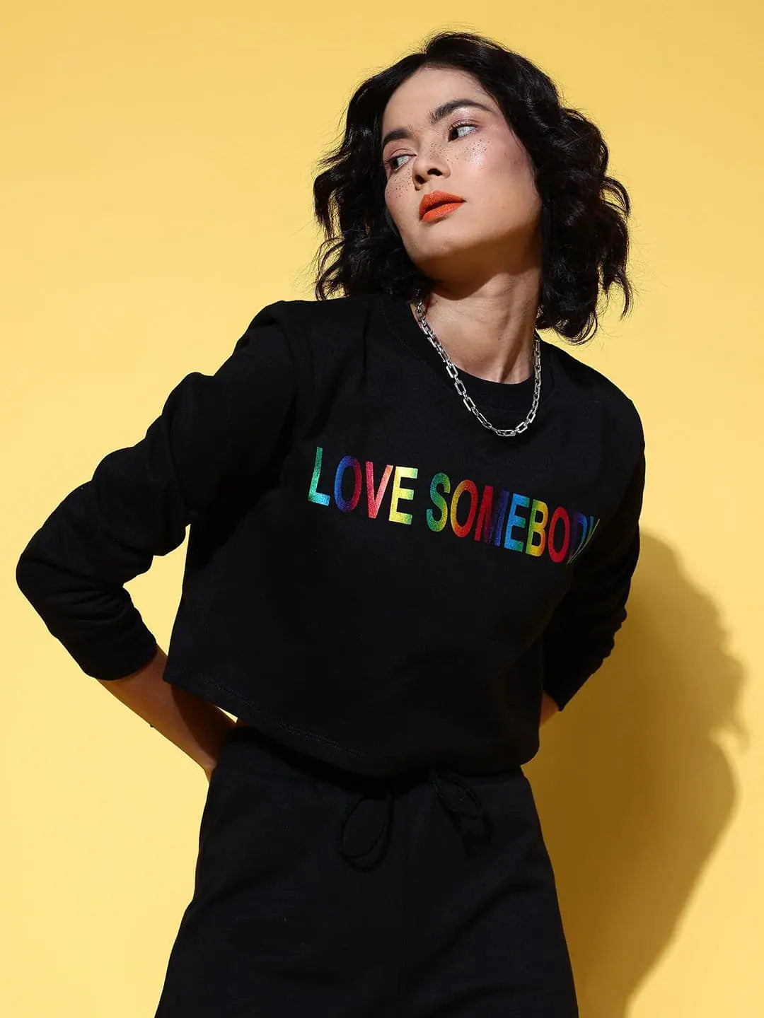 Women Black LOVE SOMEBODY Crop Sweatshirt Hoodie with Gradient Ombre Colorful