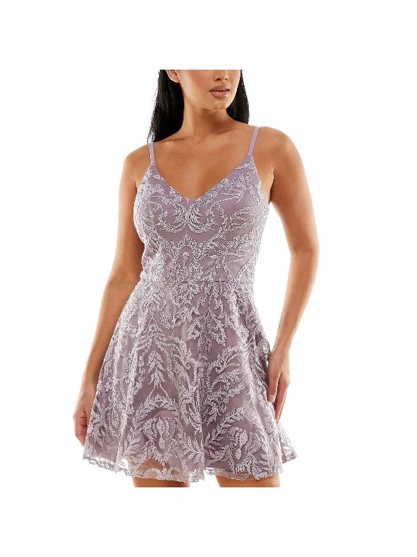 Juniors Womens Embroidered Shimmer Party Dress Off-the-shoulder Chic Trendy