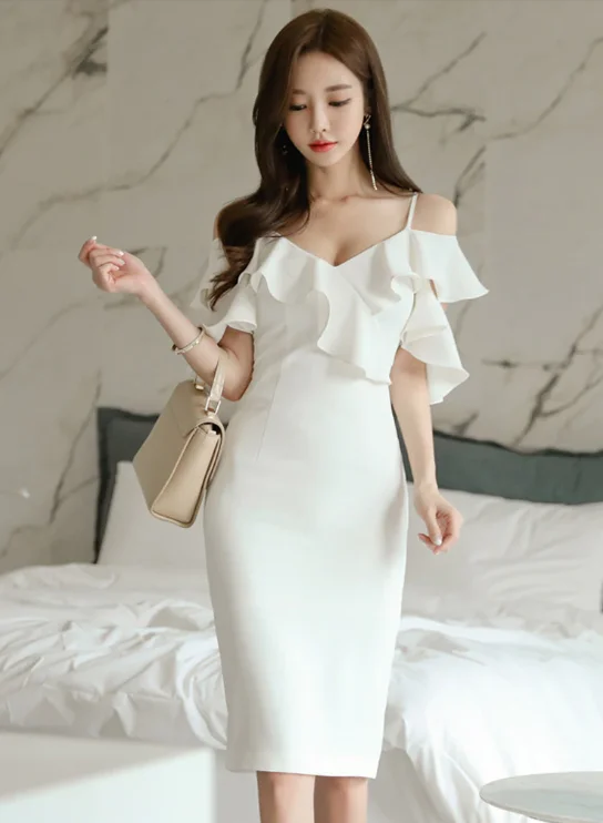 Simple White V-Neck Sexy Sling Strapless Decorative Ruffles Elegant Party Women's Dresses Tunics Office stylish Simple White V-Neck Sexy Sling Strapless Decorative Ruffles Elegant Party Women's Dresses Tunics Office stylish
