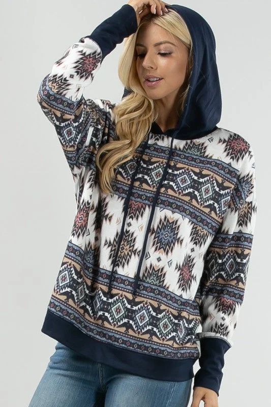Women's Aztec Print Color Block Hoodie - Navy Hoodie with Emblem Brand Identity