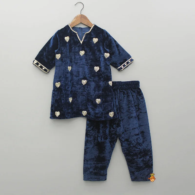 Pre Order: Blue Embroidered Velvet Kurti And Pant Comfortable Denim Trousers