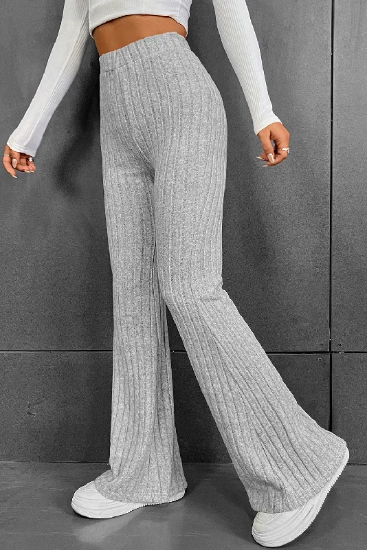 Gray Solid Color High Waist Ribbed Flare Pants Slim-Fit Khaki Pants
