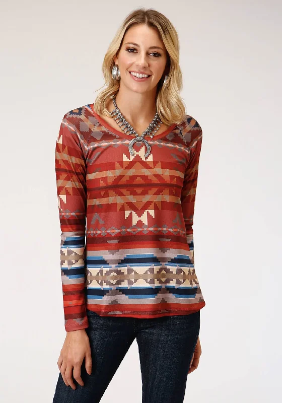 Roper Womens Rust Multi Polyester Cream Sweater L/S Tunic Satin Fabric Silk Fabric Chiffon Fabric