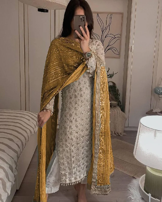 Glittering Charm Eid Dresses: Pakistani Styke Georgette Sequined Embroidered Top and Pant Set with Gold Orange Dupatta Stylish Paperbag Waist Pants Glittering Charm Eid Dresses: Pakistani Styke Georgette Sequined Embroidered Top and Pant Set with Gold Orange Dupatta Stylish Paperbag Waist Pants