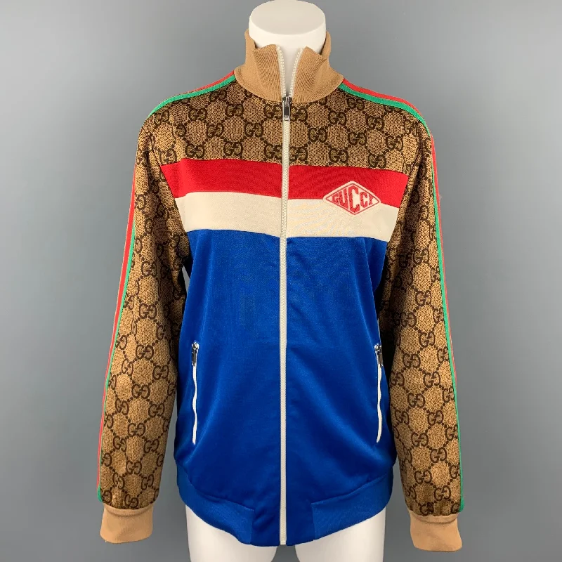GUCCI Pre-Fall 2018 Size S Blue & Multi-Color Polyester / Cotton Zip Up GG Technical Jersey Jacket Wool Fabric Cashmere Fabric Tweed Fabric GUCCI Pre-Fall 2018 Size S Blue & Multi-Color Polyester / Cotton Zip Up GG Technical Jersey Jacket Wool Fabric Cashmere Fabric Tweed Fabric