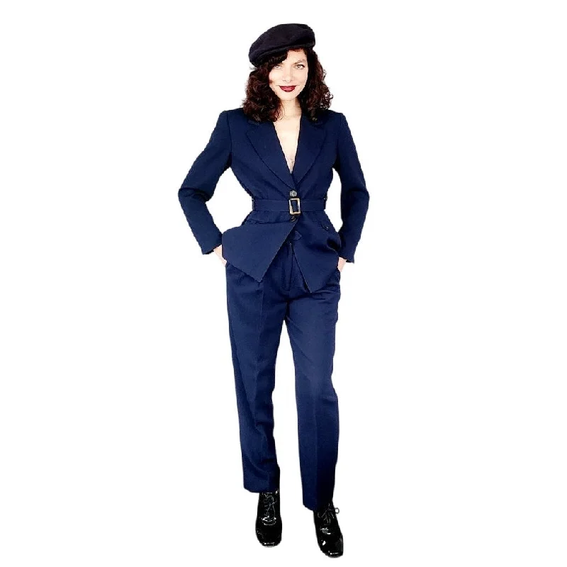 Vintage 90s Navy Blue Pant Suit w/Belted Blazer Kasper /S Fashionable Work Pants