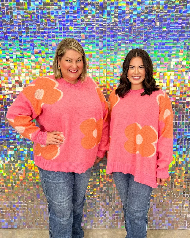 Jadie Floral Sweater - Pink Turtle Neck Boat Neck Asymmetrical Neck