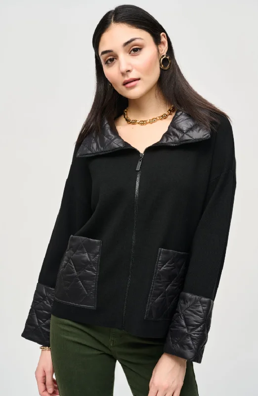 BLACK SWEATER KNIT ZIPPED JACKET Lace Blend Ribbed Blend Corduroy Blend