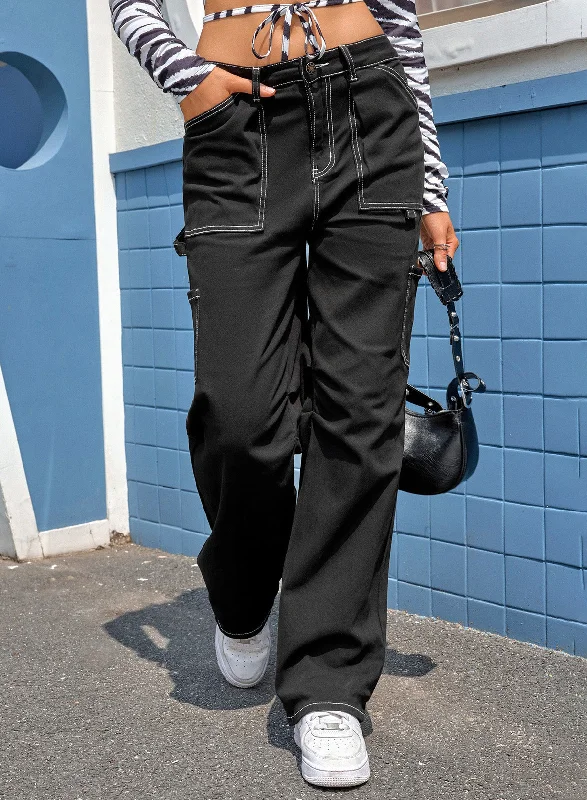 Black High Waist Straight Leg Cargo Pants with Pockets Casual Sweatpants Style