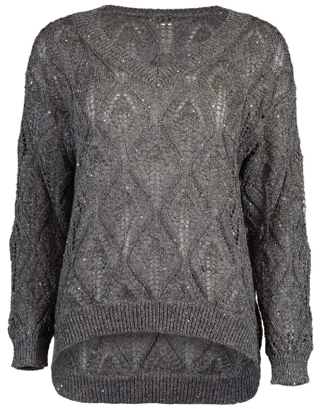Diamond Crochet V-Neck Woven Sweater Toggled Drawstring Belted