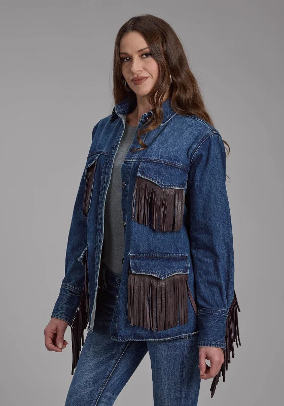 DARK DENIM JACKET W/LEATHER FRINGE Ribbed Jacket Pleated Jacket Ruffled Jacket