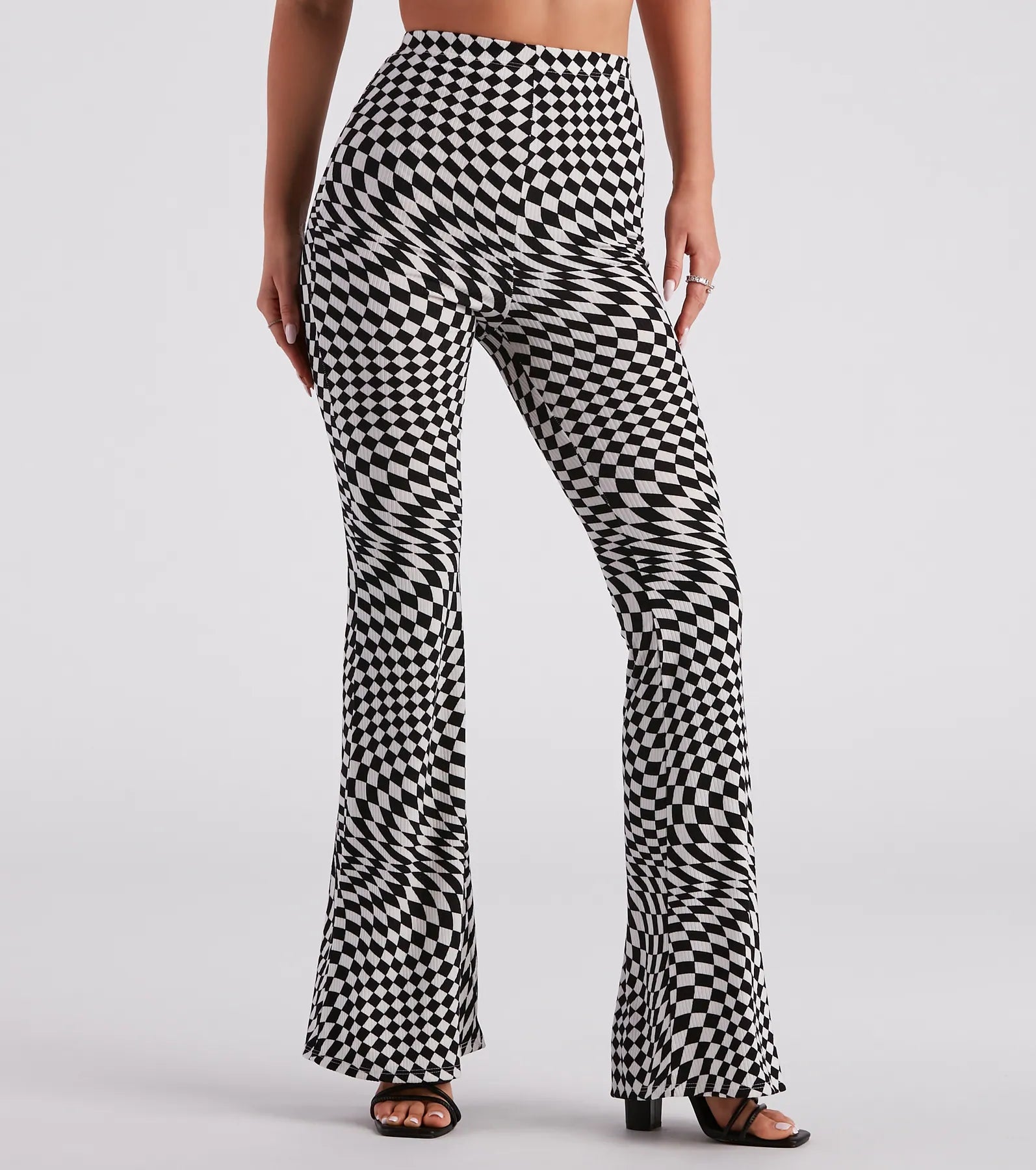 On Another Level Checkered Print Flare Pants Classic Cropped Pants
