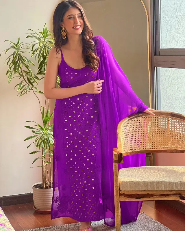 Purple Luxe Viscose Ring Work Jaal Lucknow Chikankari Kurti and Pant Set with Dupatta Chic Capri Pants