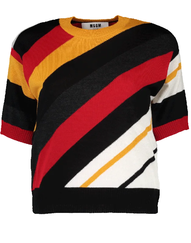 Diagonal Striped Knit Sweater Turtle Neck Boat Neck Asymmetrical Neck