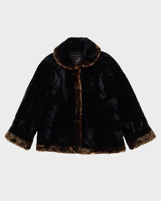 Y2K Black With Brown Collar Faux Fur Jacket - S Welt Pockets Slit Pockets Flap Pockets Y2K Black With Brown Collar Faux Fur Jacket - S Welt Pockets Slit Pockets Flap Pockets