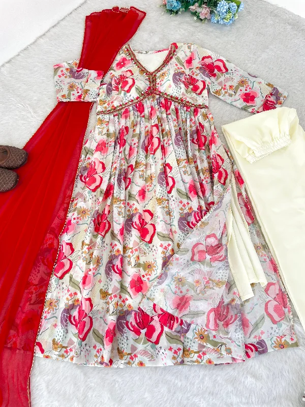 New Special Party Wear Alia Cut Floral Print Dress with Dupatta and Pants High-Waist Jogger Pants New Special Party Wear Alia Cut Floral Print Dress with Dupatta and Pants High-Waist Jogger Pants