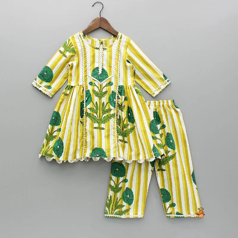 Pre Order: Yellow Printed Gota Lace Detailed Kurti And Pant Formal Stretch Pants