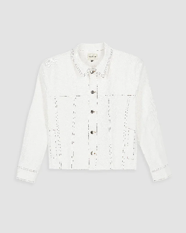 MUY SHIDA DENIM JACKET IN OFF-WHITE Stand-Up Collar Roll-Neck Collar Turtle Neck