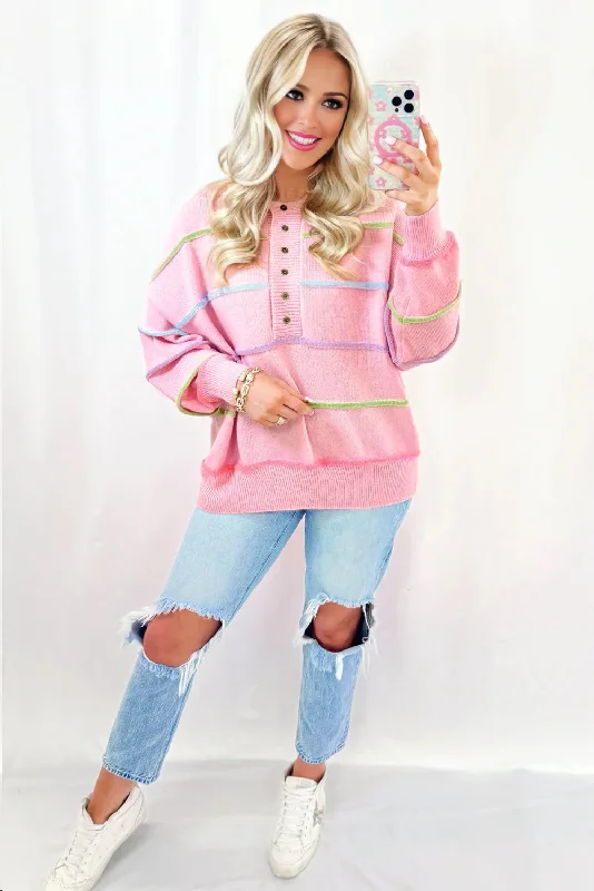 Striped Henley Sweater - Pink Fleece Sweater Nylon Polyester