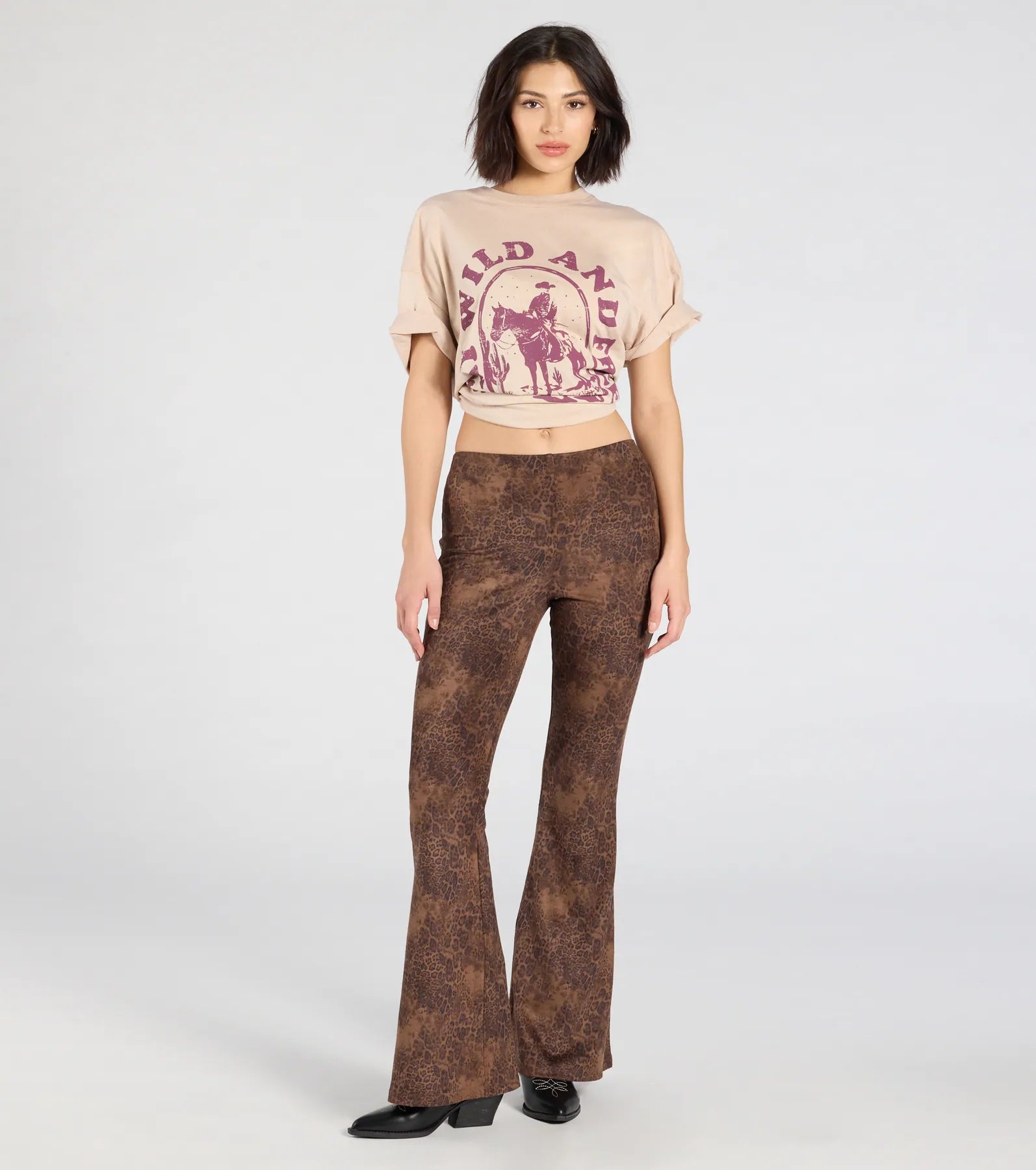 Sassy Trend Leopard Faux Suede Flare Pants Fashionable Tapered Leg Pants