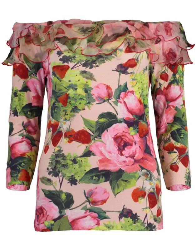 Boatneck Floral Print Sweater Turtle Neck Boat Neck Asymmetrical Neck