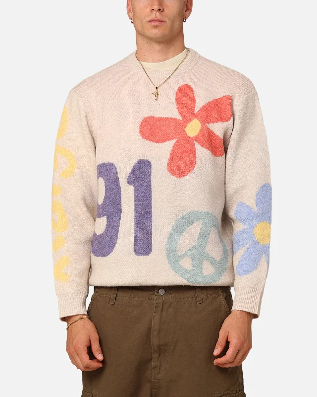 X-Large Flower And Peace Recycled Knit Sweater Off White Striped Floral Plaid