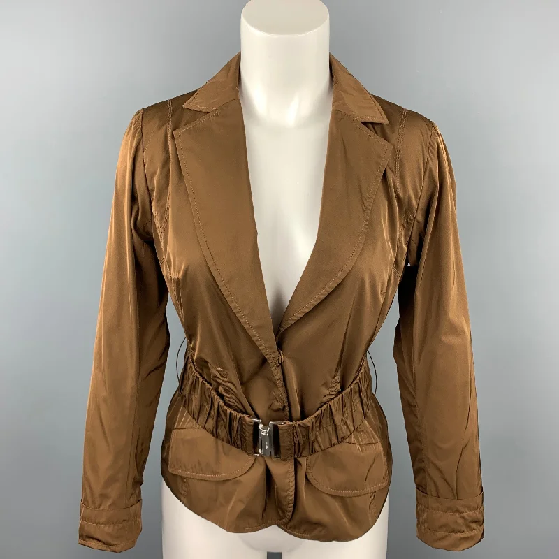 LIDA BADAY Size 8 Brown Polyester Notch Lapel Belted Jacket Boat Neck Shawl Collar Notched Collar LIDA BADAY Size 8 Brown Polyester Notch Lapel Belted Jacket Boat Neck Shawl Collar Notched Collar