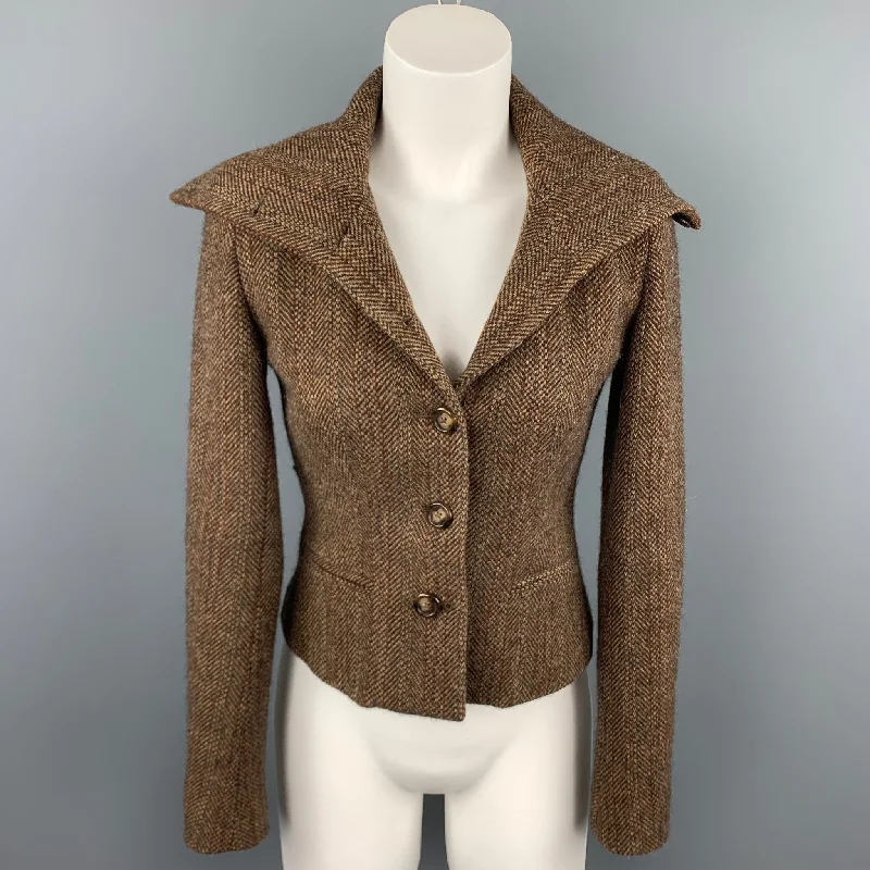 RALPH LAUREN Black Label Size 2 Brown Tweed Lambswool High Collar Jacket Denim Jacket Leather Jacket Suede Jacket RALPH LAUREN Black Label Size 2 Brown Tweed Lambswool High Collar Jacket Denim Jacket Leather Jacket Suede Jacket