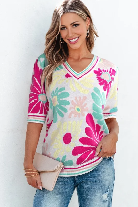 Neon Daisy Short Sleeve Sweater Houndstooth Herringbone Solid
